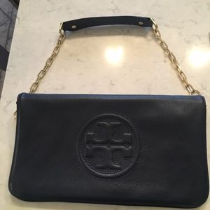 Tory Burch Blue Leather Clutch with Gold Chain